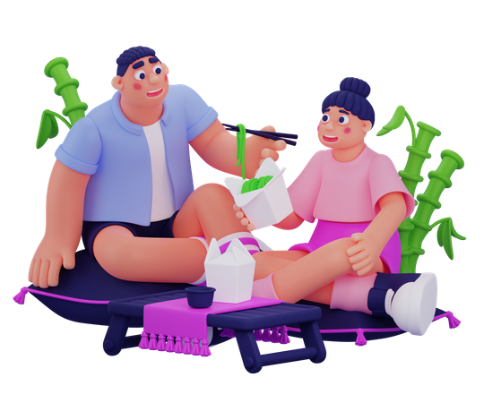 Couple Eating Chinese Noodles  3D Illustration