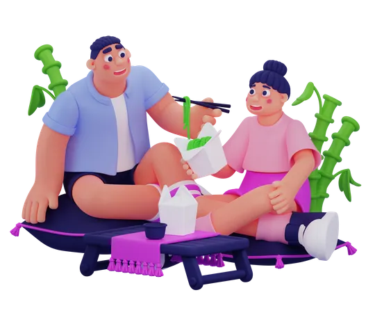 Couple Eating Chinese Noodles  3D Illustration