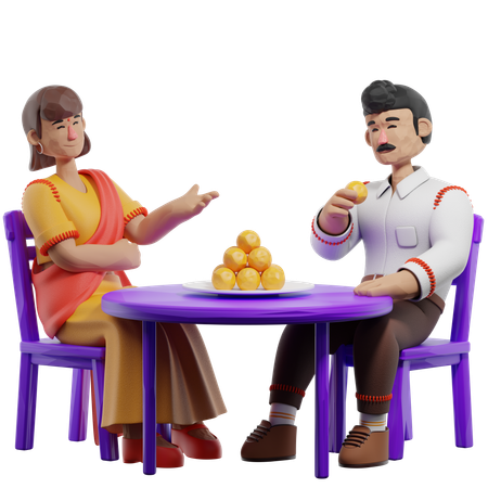 과자와 간식을 먹는 커플  3D Icon