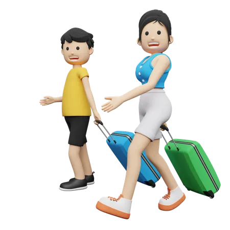 Un couple part en tournée internationale  3D Illustration