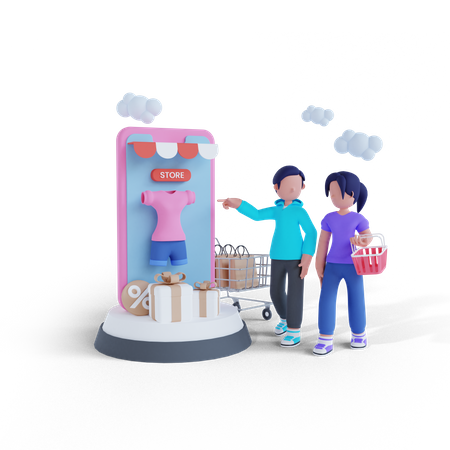 Couple faisant des achats en ligne via une application mobile  3D Icon