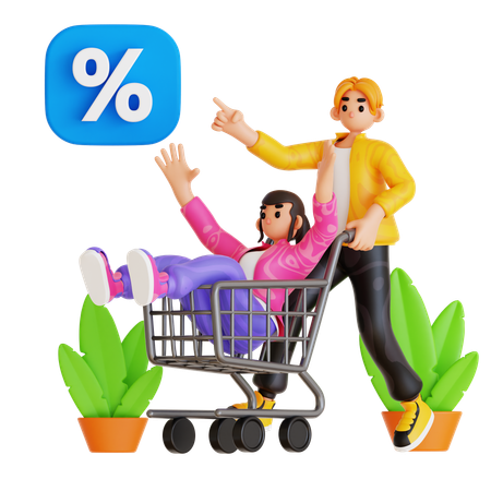 Couple faisant du shopping lors des soldes  3D Illustration