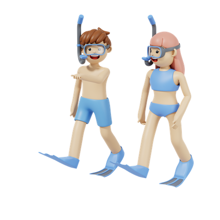 Couple faisant de la plongée sous-marine  3D Illustration