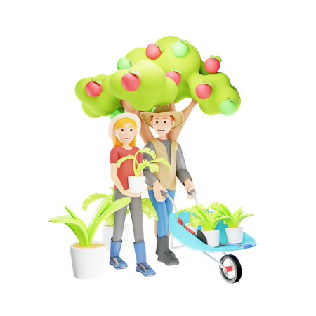 Couple Farmers Doing Gardening Together on Farm  3D Illustration