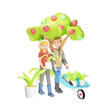 Couple Farmers Doing Gardening Together on Farm  3D Illustration
