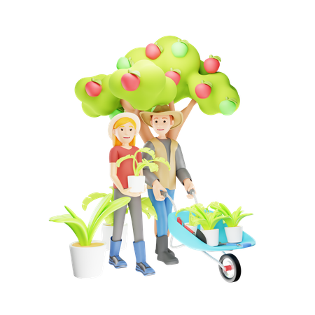 Couple Farmers Doing Gardening Together on Farm  3D Illustration