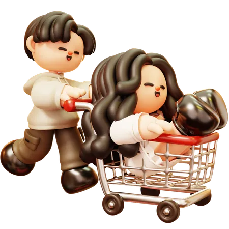 Couple Fun With Shopping Cart In Supermarket  3D Illustration