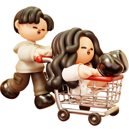 Couple Fun With Shopping Cart In Supermarket  3D Illustration