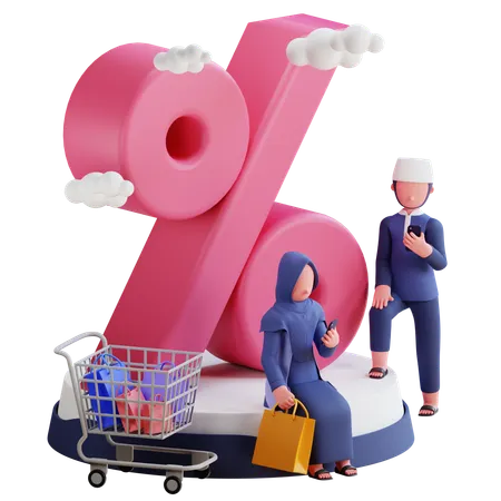 Couple getting Ramadan shopping discount  3D Illustration