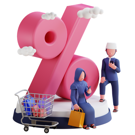 Couple getting Ramadan shopping discount 3D Illustration