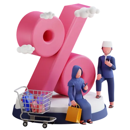 Couple getting Ramadan shopping discount  3D Illustration