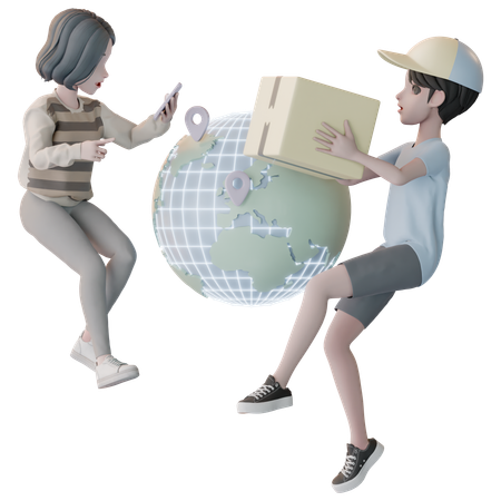 Couple Getting Worldwide Delivery Service  3D Illustration