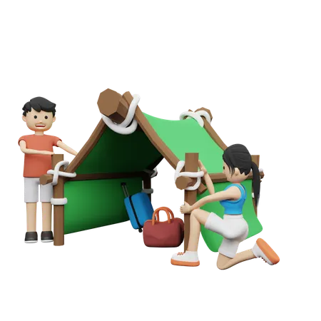 Couple going on Camping in forest  3D Illustration