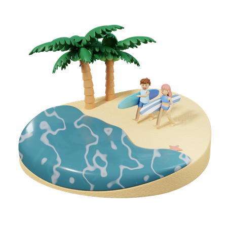 Couple Going To Surf 3D Illustration