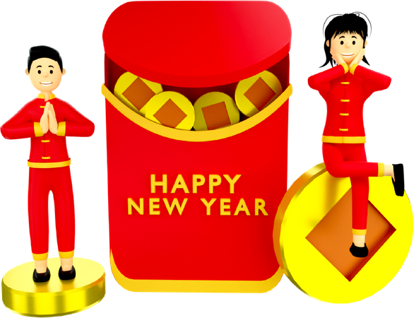 Couple greetings with Chinese envelop  3D Illustration