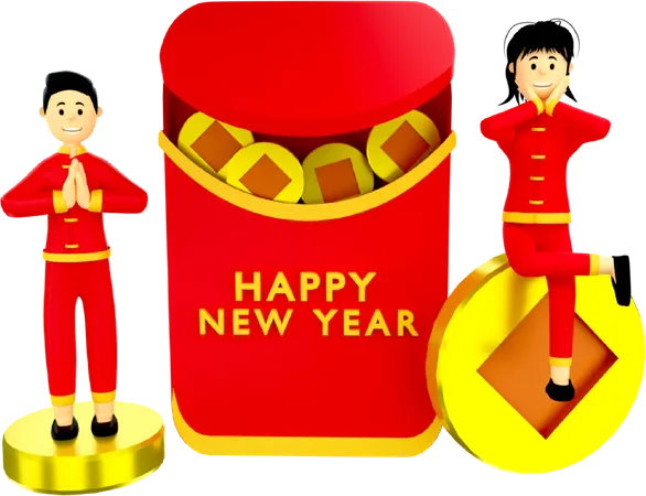 Couple greetings with Chinese envelop 3D Illustration