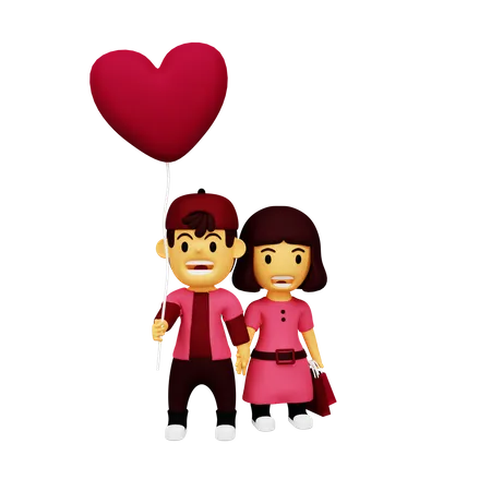 Heureux couple tenant un ballon coeur  3D Illustration