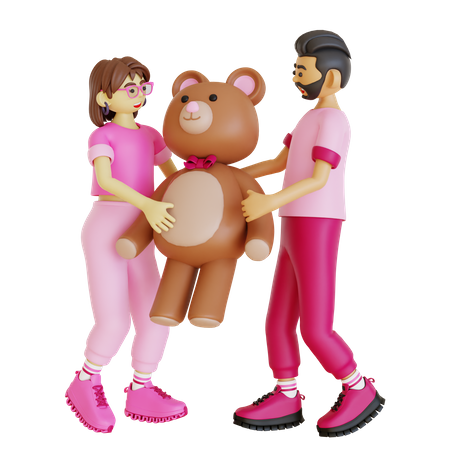 Heureux couple tenant un ours en peluche ensemble  3D Illustration