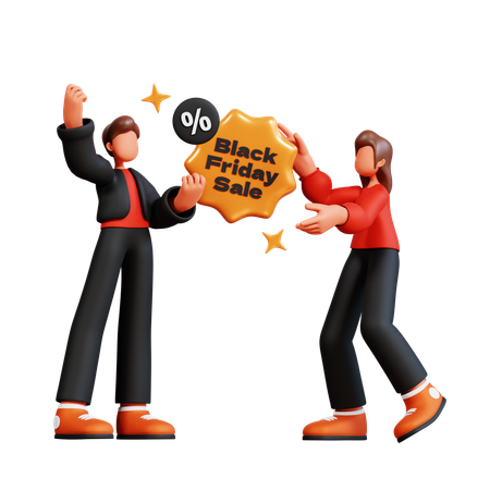 Couple holding black friday sale badge  3D Illustration