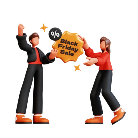 Couple holding black friday sale badge  3D Illustration