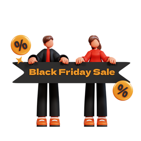 Couple holding black friday sale banner  3D Illustration