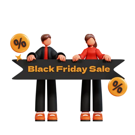 Couple holding black friday sale banner  3D Illustration