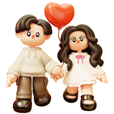 Couple Holding Heart Balloon  3D Illustration