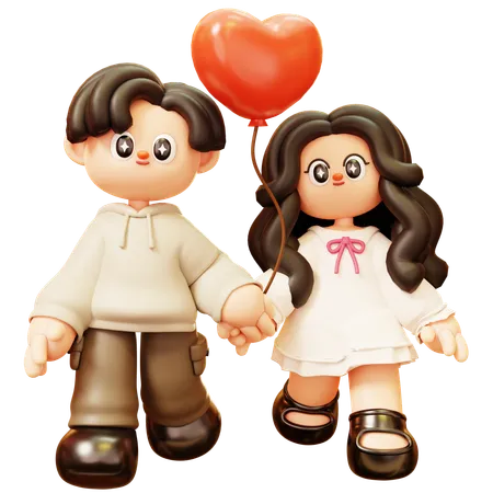 Couple Holding Heart Balloon  3D Illustration