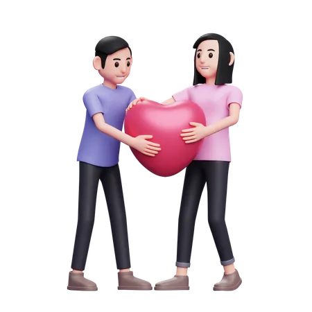Happy Young Couple Pulling Heart Balloons 3 D Valentines Day Concept Character Illustration 3D Illustration