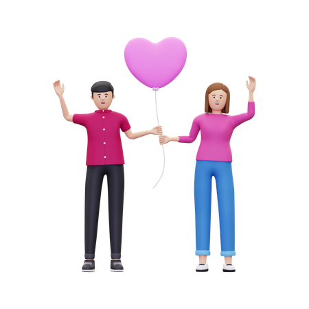 Couple holding heart-shaped balloon  3D Illustration