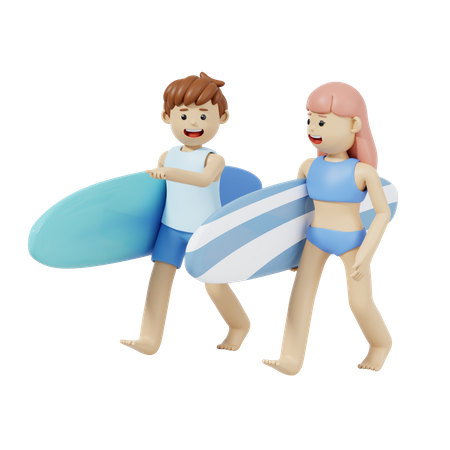 Couple Holding Surfboard  3D Illustration