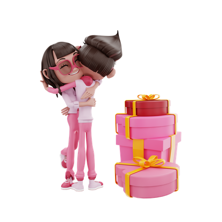 Couple Hugging and receiving gifts  3D Illustration