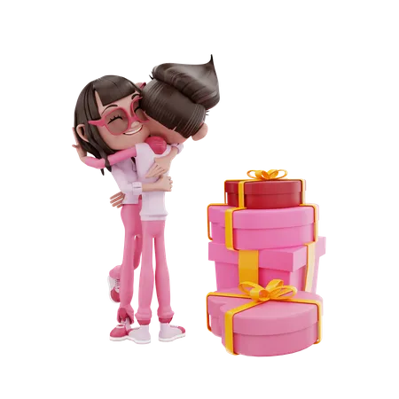 Couple Hugging and receiving gifts  3D Illustration