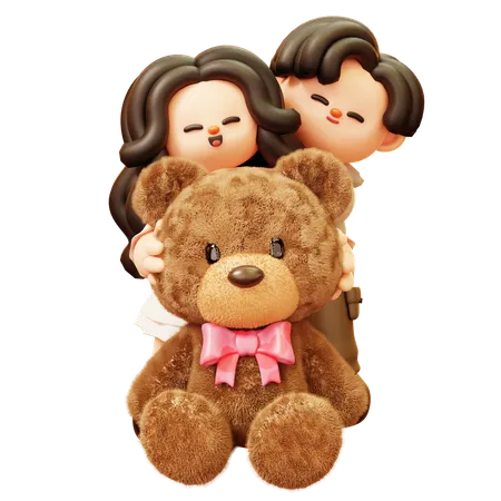 Couple Hugging Giant Teddy Bear  3D Illustration