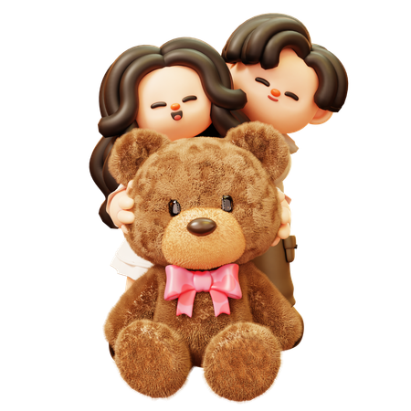 Couple Hugging Giant Teddy Bear  3D Illustration