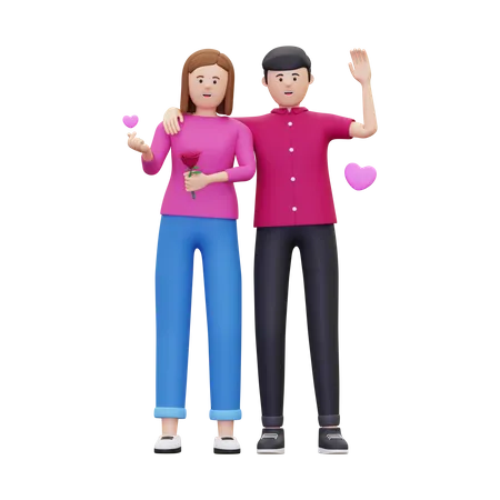 Couple hugging while holding a rose flower  3D Illustration