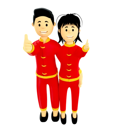 Couple in Chinese traditional clothes 3D Illustration