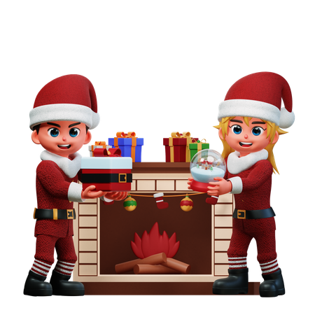 Couple Is Arranging Gifts Near Fireplace  3D Illustration
