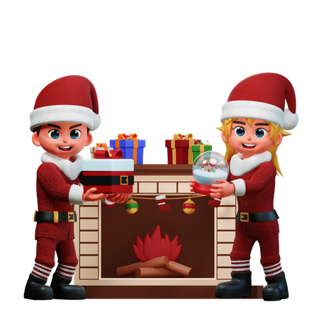 Couple Is Arranging Gifts Near Fireplace  3D Icon