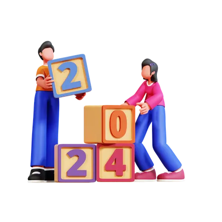 Couple Is Arranging New Year Blocks  3D Illustration