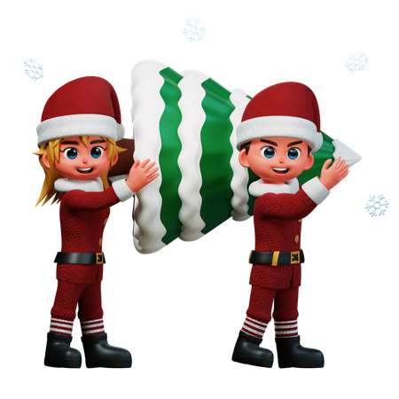 Couple Is Carrying Xmas Tree On Shoulder  3D Illustration