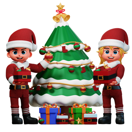 Couple Is Decorating Xmas Tree  3D Illustration