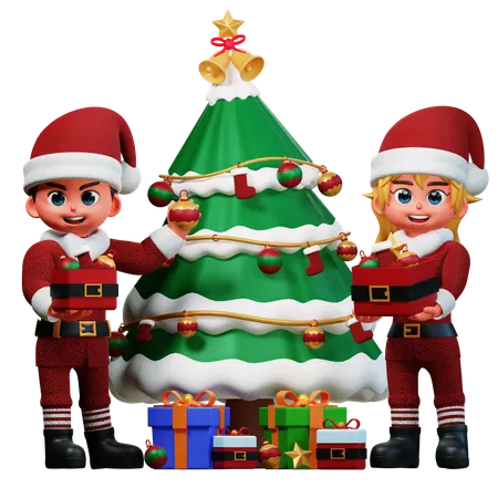 Couple Is Decorating Xmas Tree  3D Illustration