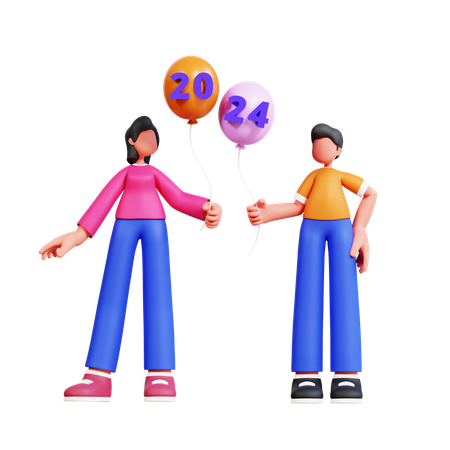 Couple Is Playing With New Year Balloons  3D Illustration