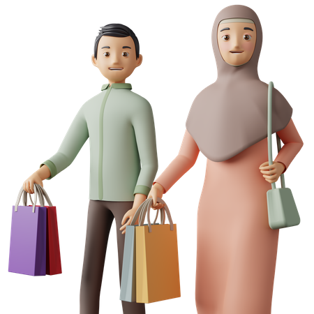 Couple islamique faisant du shopping pour l'Aïd  3D Illustration