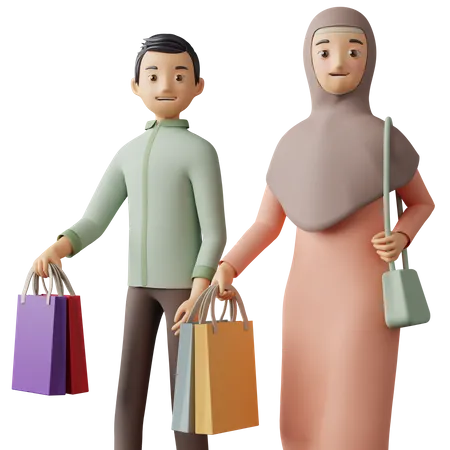 Couple islamique faisant du shopping pour l'Aïd  3D Illustration