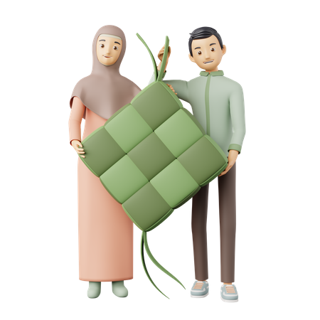 Couple islamique tenant ketupat  3D Illustration