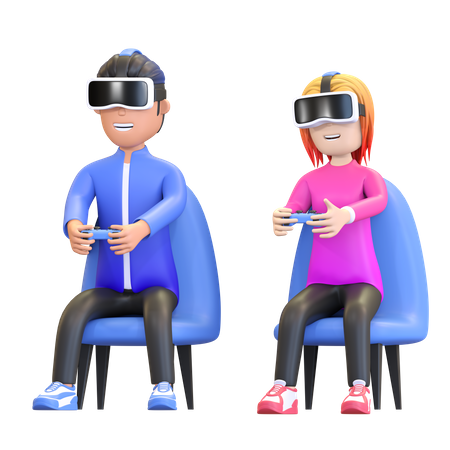 Couple jouant à un jeu virtuel  3D Illustration