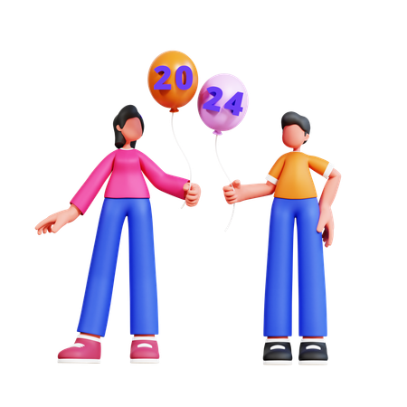 Un couple joue avec des ballons du nouvel an  3D Illustration