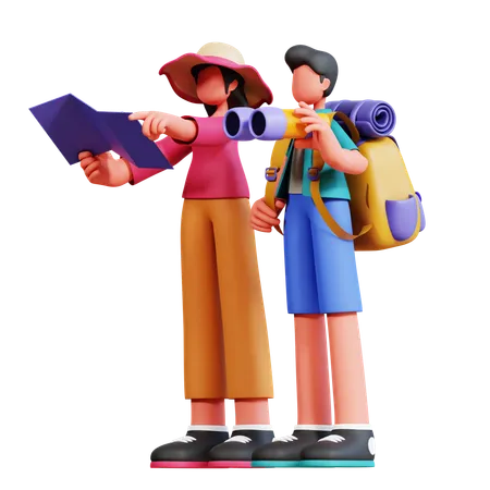 Couple Looking For Direction  3D Illustration